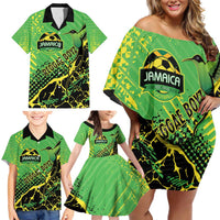 Custom Jamaica Football Family Matching Off Shoulder Short Dress and Hawaiian Shirt Come On Reggae Boyz Red-billed streamertail - Wonder Print Shop