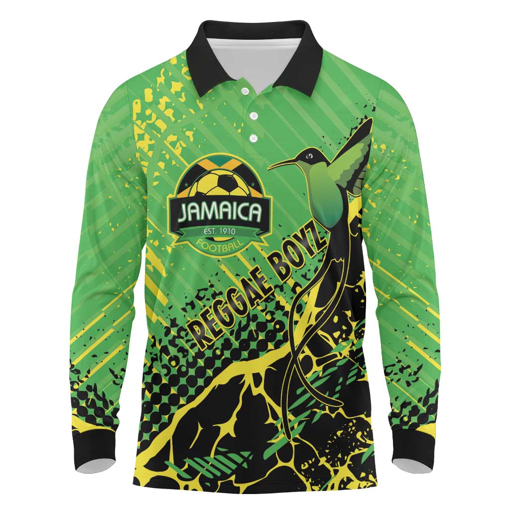 Custom Jamaica Football Long Sleeve Polo Shirt Come On Reggae Boyz Red-billed streamertail - Wonder Print Shop