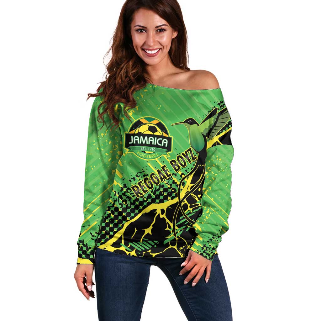 Custom Jamaica Football Off Shoulder Sweater Come On Reggae Boyz Red-billed streamertail - Wonder Print Shop