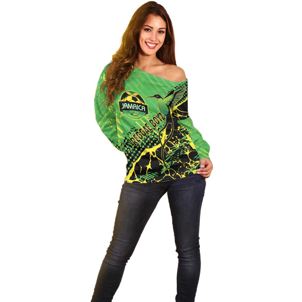 Custom Jamaica Football Off Shoulder Sweater Come On Reggae Boyz Red-billed streamertail - Wonder Print Shop