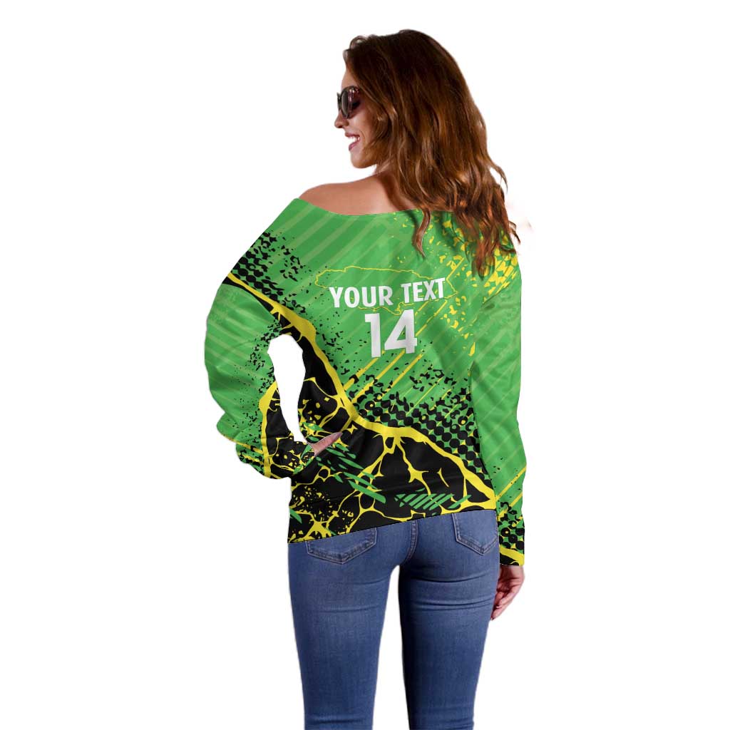 Custom Jamaica Football Off Shoulder Sweater Come On Reggae Boyz Red-billed streamertail - Wonder Print Shop