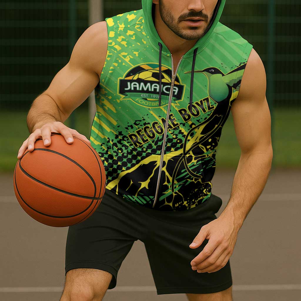 Custom Jamaica Football Sleeveless Zip Hoodie Come On Reggae Boyz Red-billed streamertail - Wonder Print Shop