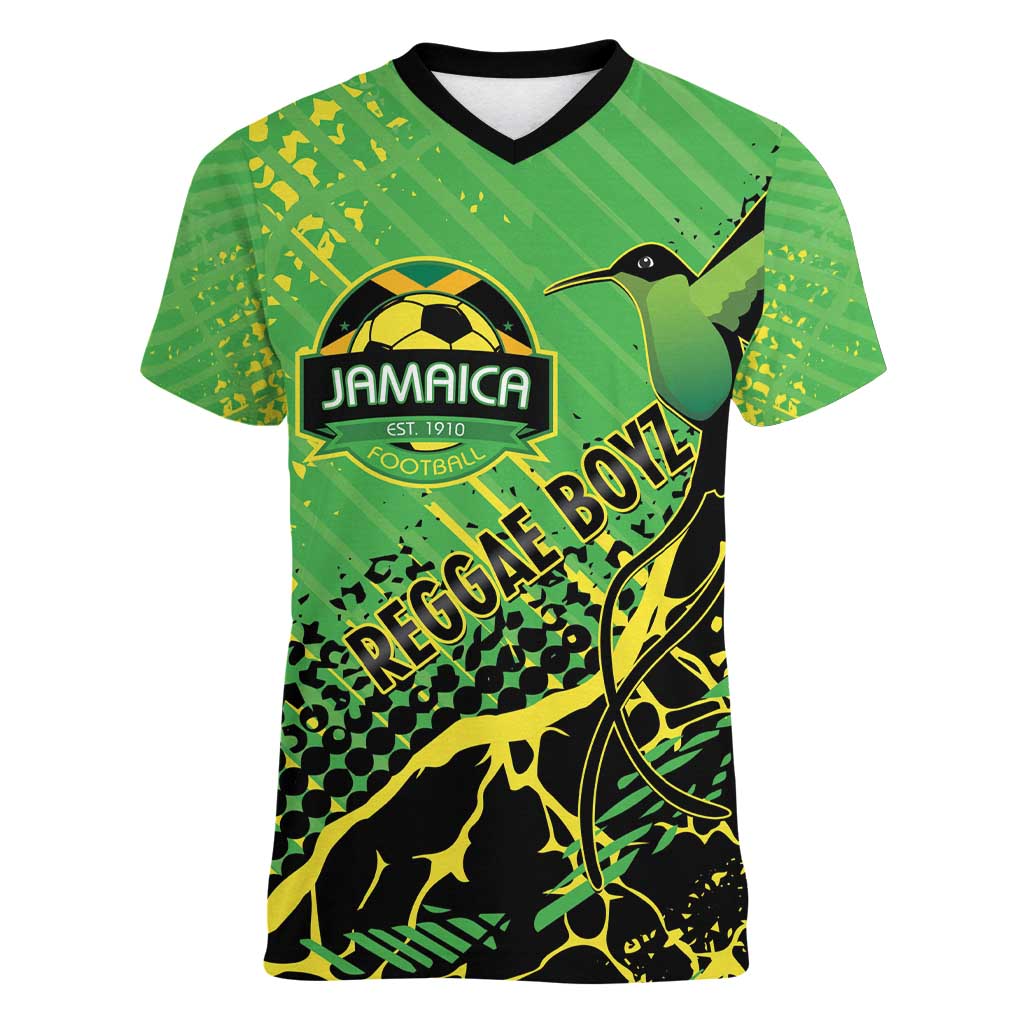 Custom Jamaica Football Women V-Neck T-Shirt Come On Reggae Boyz Red-billed streamertail - Wonder Print Shop