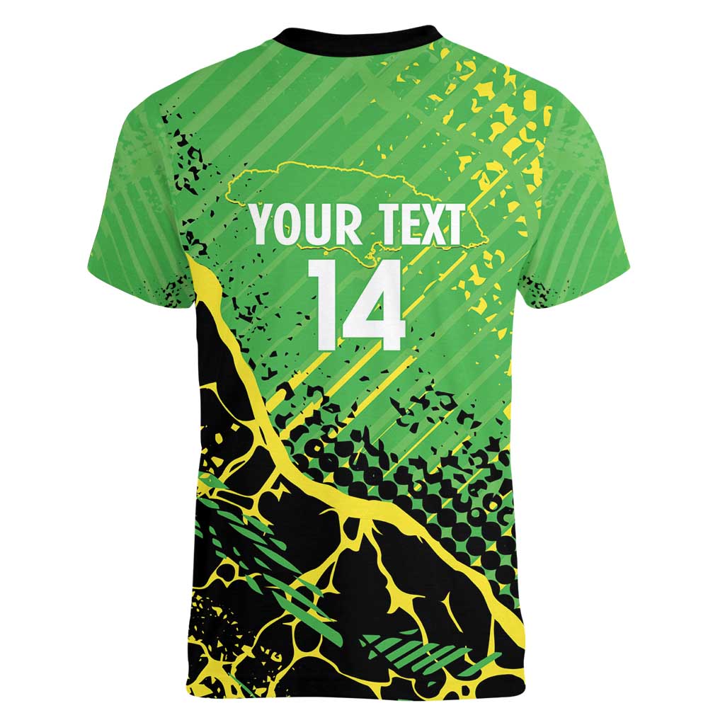Custom Jamaica Football Women V-Neck T-Shirt Come On Reggae Boyz Red-billed streamertail - Wonder Print Shop