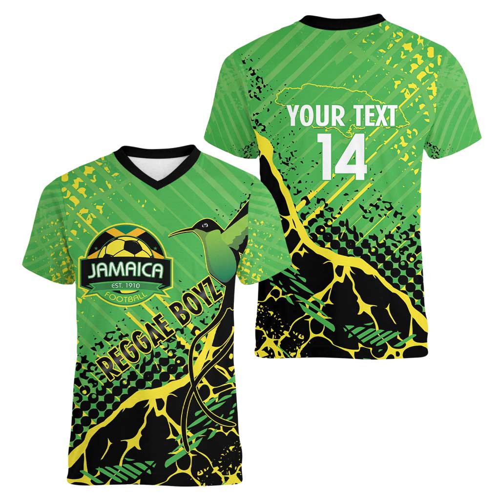 Custom Jamaica Football Women V-Neck T-Shirt Come On Reggae Boyz Red-billed streamertail - Wonder Print Shop