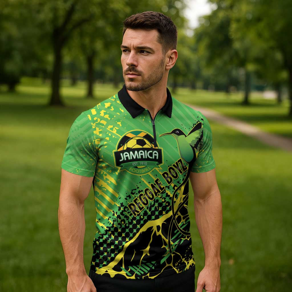 Custom Jamaica Football Zipper Polo Shirt Come On Reggae Boyz Red-billed streamertail - Wonder Print Shop