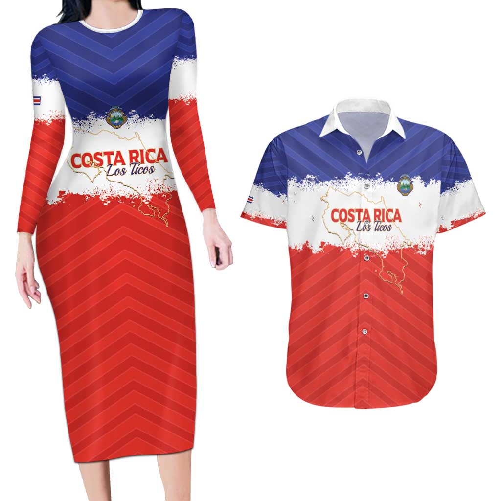 Custom Costa Rica Football Couples Matching Long Sleeve Bodycon Dress and Hawaiian Shirt Map With Los Ticos Sporty Style - Wonder Print Shop