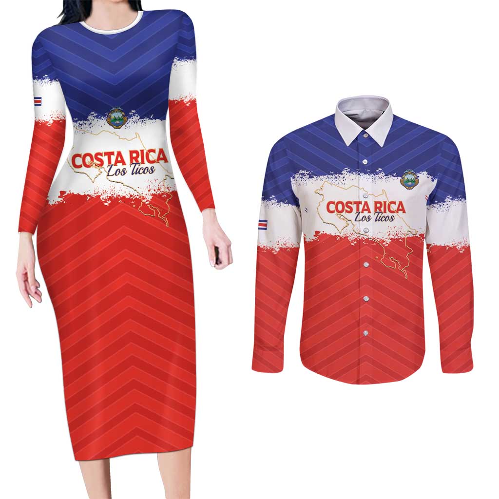 Custom Costa Rica Football Couples Matching Long Sleeve Bodycon Dress and Long Sleeve Button Shirt Map With Los Ticos Sporty Style - Wonder Print Shop