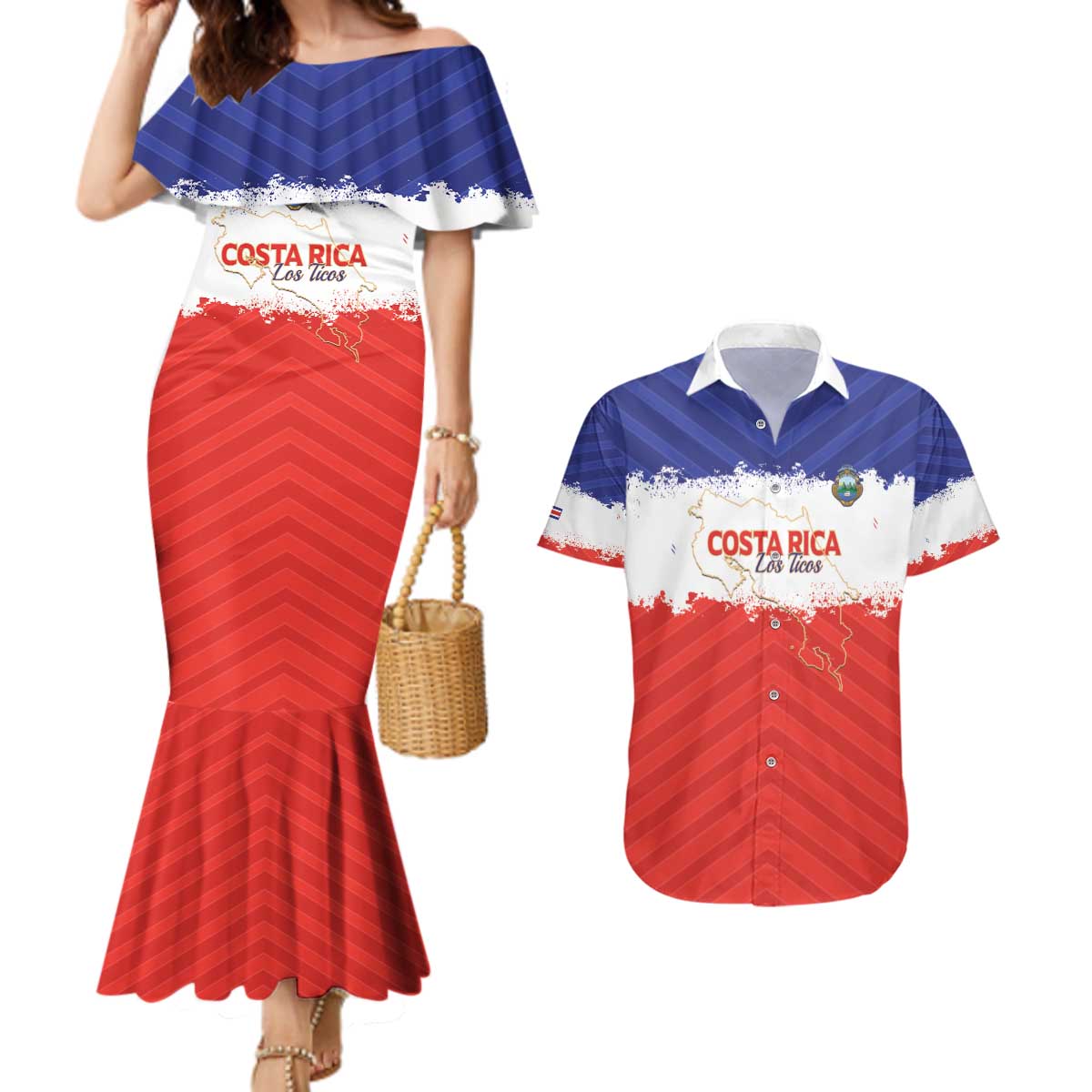 Custom Costa Rica Football Couples Matching Mermaid Dress and Hawaiian Shirt Map With Los Ticos Sporty Style - Wonder Print Shop