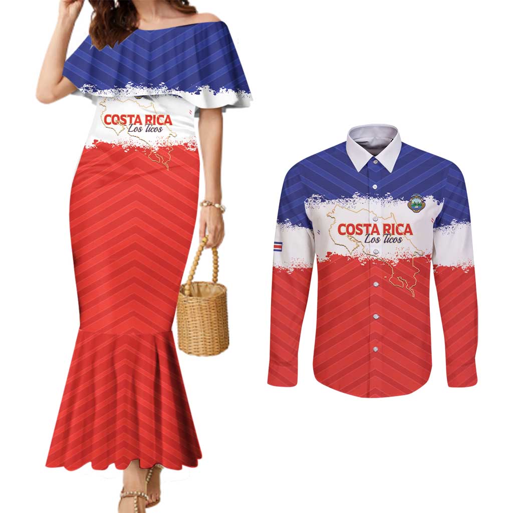 Custom Costa Rica Football Couples Matching Mermaid Dress and Long Sleeve Button Shirt Map With Los Ticos Sporty Style - Wonder Print Shop
