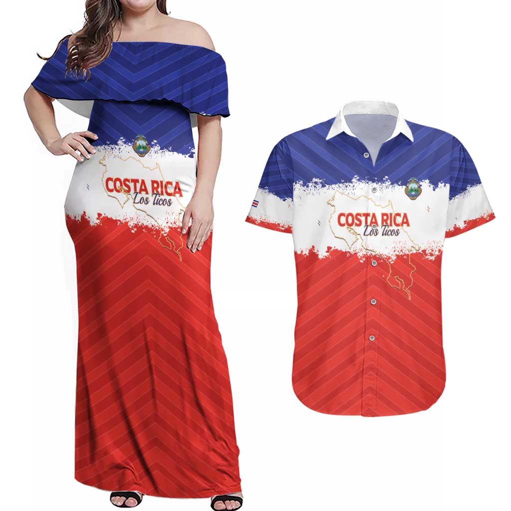 Custom Costa Rica Football Couples Matching Off Shoulder Maxi Dress and Hawaiian Shirt Map With Los Ticos Sporty Style - Wonder Print Shop