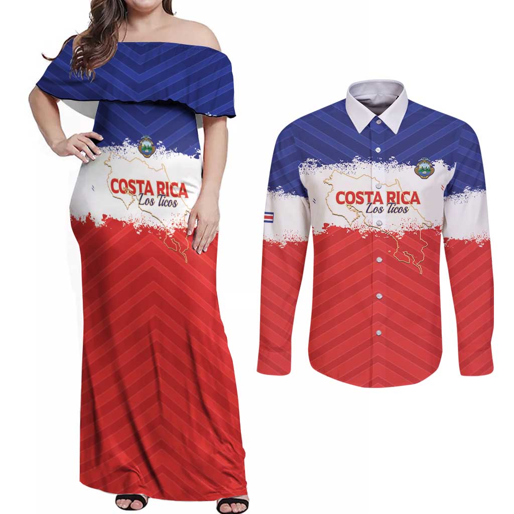 Custom Costa Rica Football Couples Matching Off Shoulder Maxi Dress and Long Sleeve Button Shirt Map With Los Ticos Sporty Style - undefined