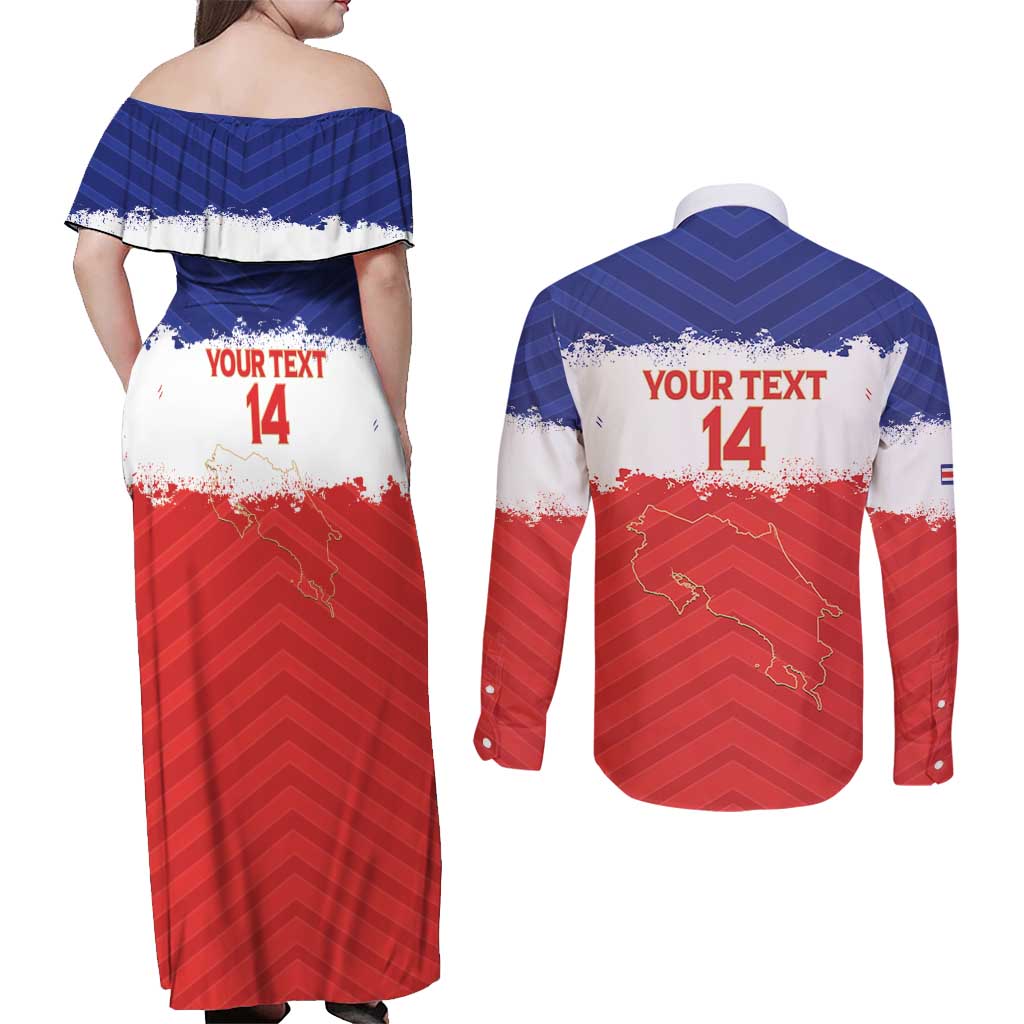 Custom Costa Rica Football Couples Matching Off Shoulder Maxi Dress and Long Sleeve Button Shirt Map With Los Ticos Sporty Style - undefined