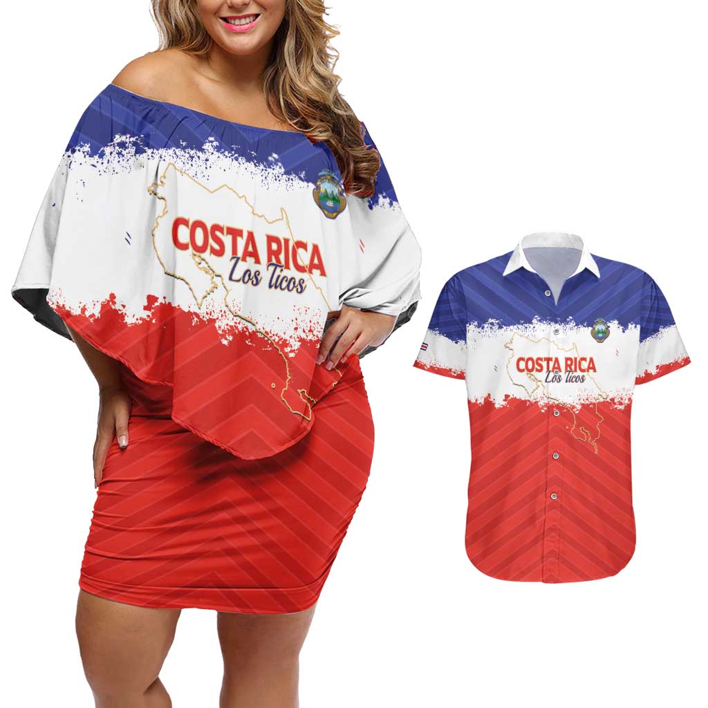 Custom Costa Rica Football Couples Matching Off Shoulder Short Dress and Hawaiian Shirt Map With Los Ticos Sporty Style - Wonder Print Shop