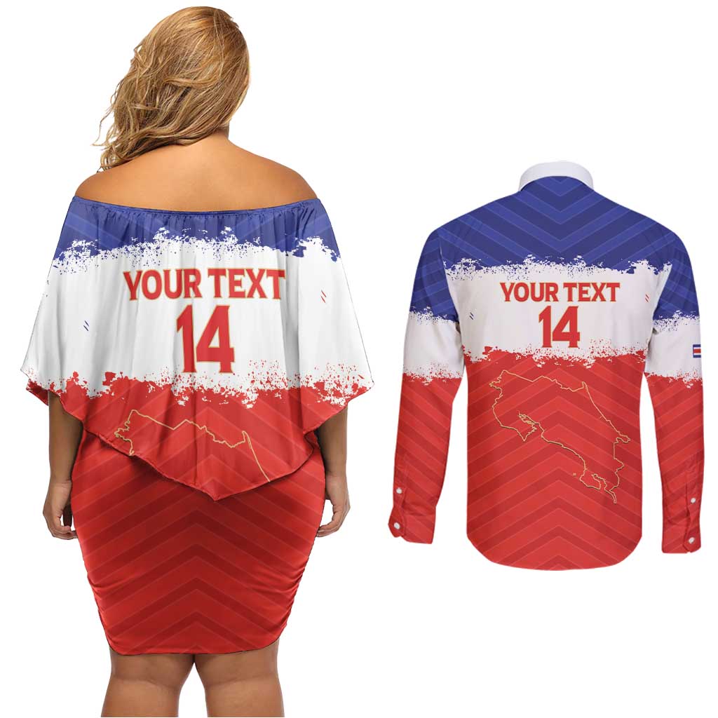 Custom Costa Rica Football Couples Matching Off Shoulder Short Dress and Long Sleeve Button Shirt Map With Los Ticos Sporty Style - Wonder Print Shop