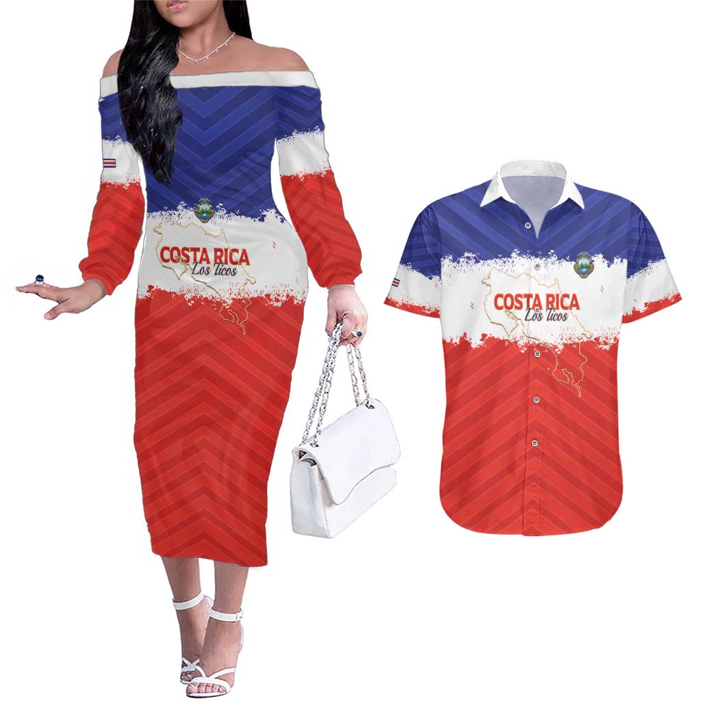 Custom Costa Rica Football Couples Matching Off The Shoulder Long Sleeve Dress and Hawaiian Shirt Map With Los Ticos Sporty Style - Wonder Print Shop
