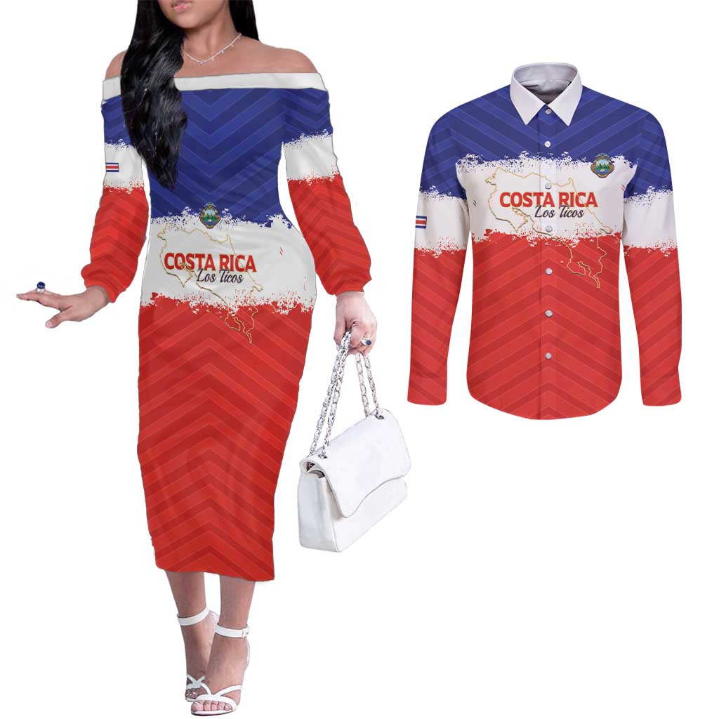 Custom Costa Rica Football Couples Matching Off The Shoulder Long Sleeve Dress and Long Sleeve Button Shirt Map With Los Ticos Sporty Style - Wonder Print Shop