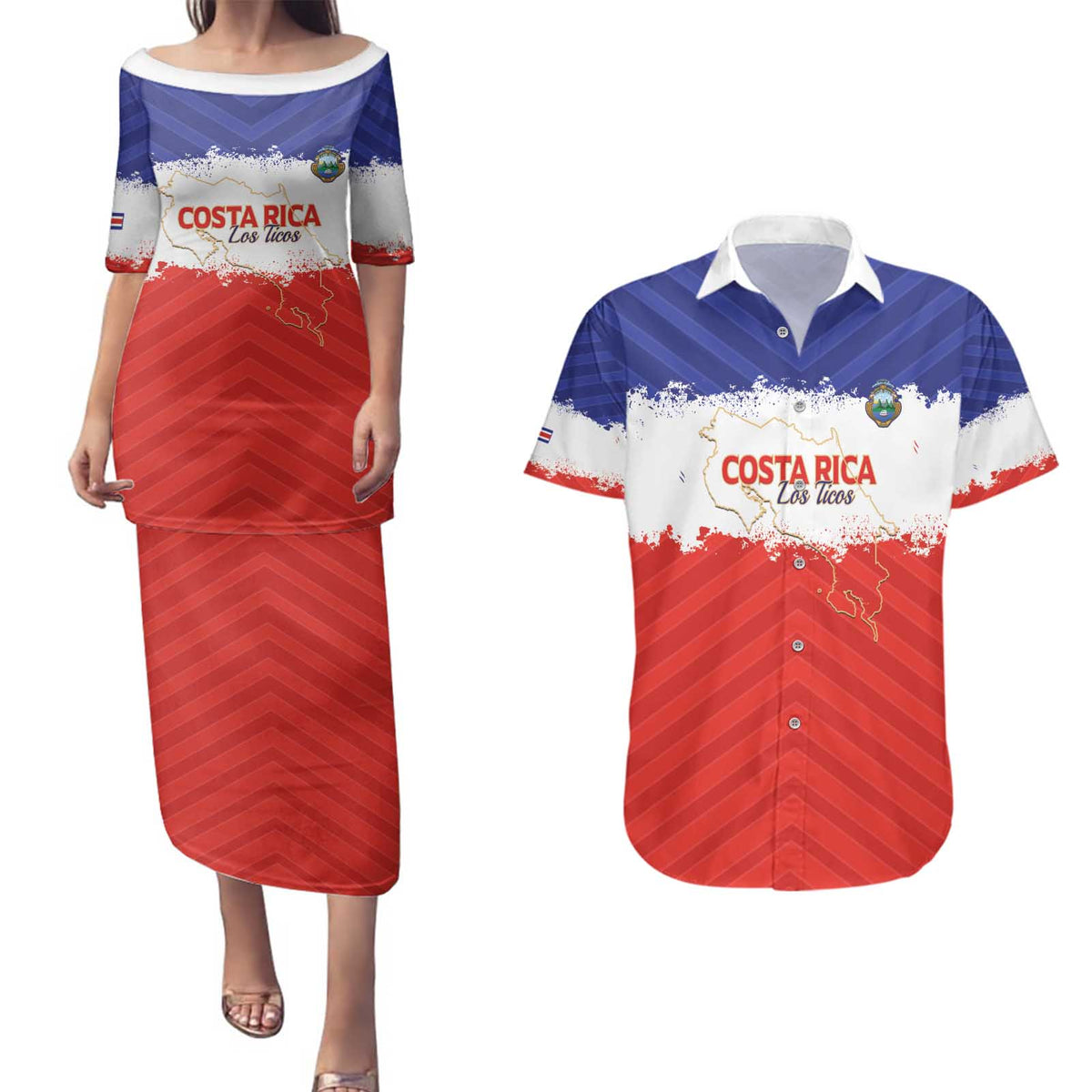 Custom Costa Rica Football Couples Matching Puletasi and Hawaiian Shirt Map With Los Ticos Sporty Style - Wonder Print Shop