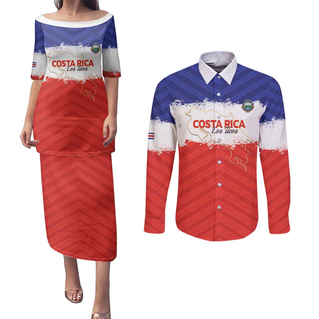 Custom Costa Rica Football Couples Matching Puletasi and Long Sleeve Button Shirt Map With Los Ticos Sporty Style - Wonder Print Shop