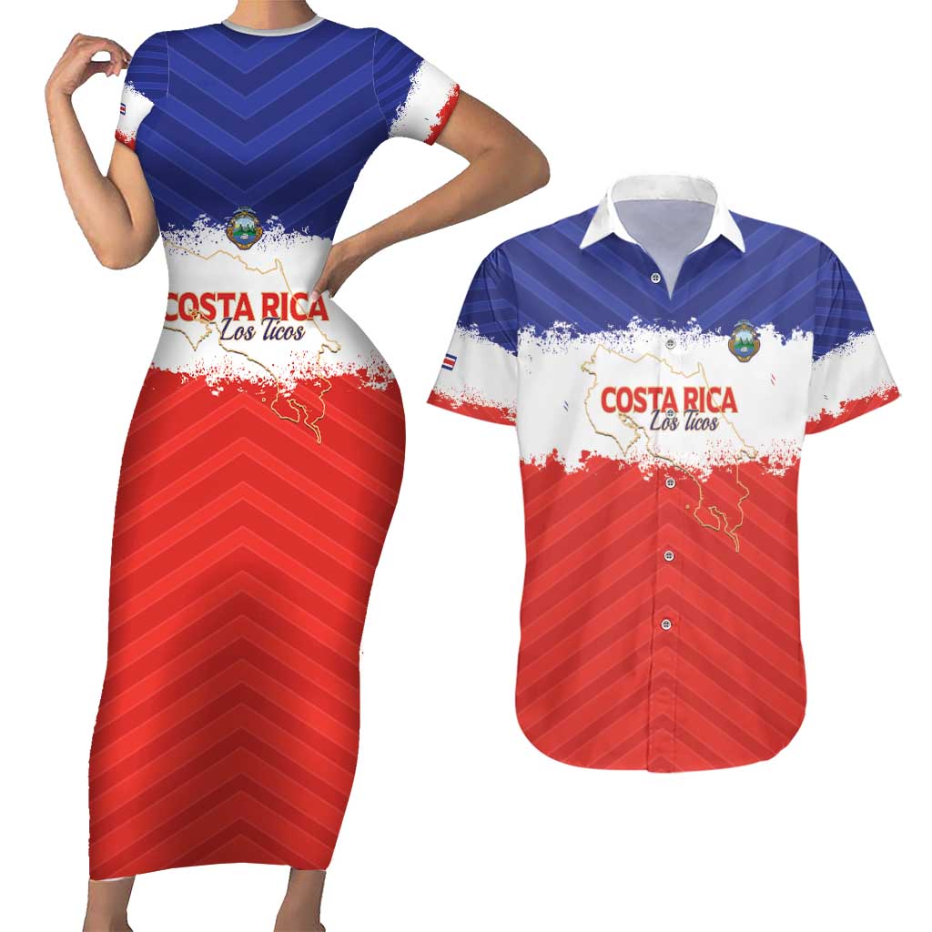 Custom Costa Rica Football Couples Matching Short Sleeve Bodycon Dress and Hawaiian Shirt Map With Los Ticos Sporty Style - Wonder Print Shop