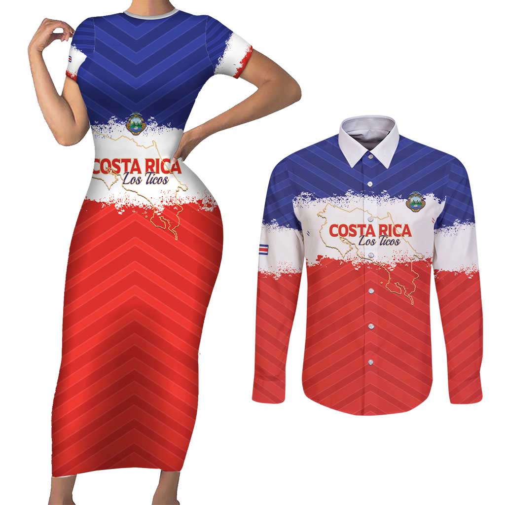 Custom Costa Rica Football Couples Matching Short Sleeve Bodycon Dress and Long Sleeve Button Shirt Map With Los Ticos Sporty Style - Wonder Print Shop