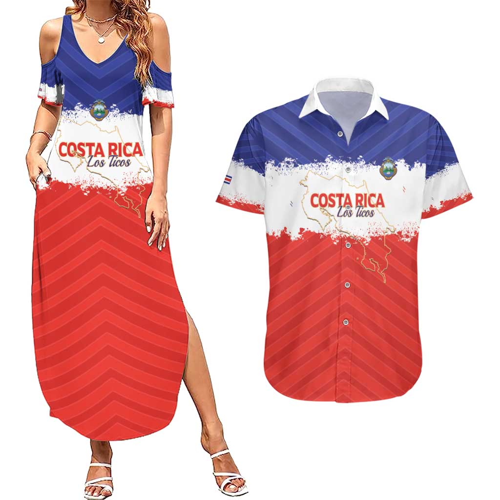 Custom Costa Rica Football Couples Matching Summer Maxi Dress and Hawaiian Shirt Map With Los Ticos Sporty Style - Wonder Print Shop