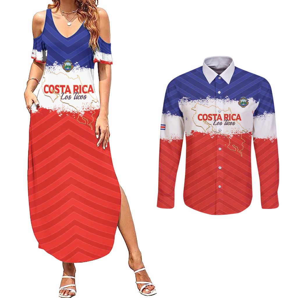Custom Costa Rica Football Couples Matching Summer Maxi Dress and Long Sleeve Button Shirt Map With Los Ticos Sporty Style - Wonder Print Shop