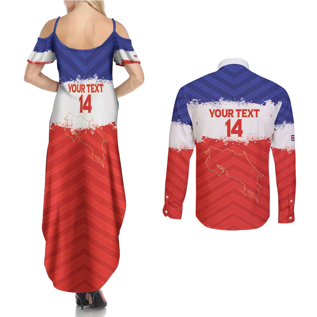 Custom Costa Rica Football Couples Matching Summer Maxi Dress and Long Sleeve Button Shirt Map With Los Ticos Sporty Style - Wonder Print Shop