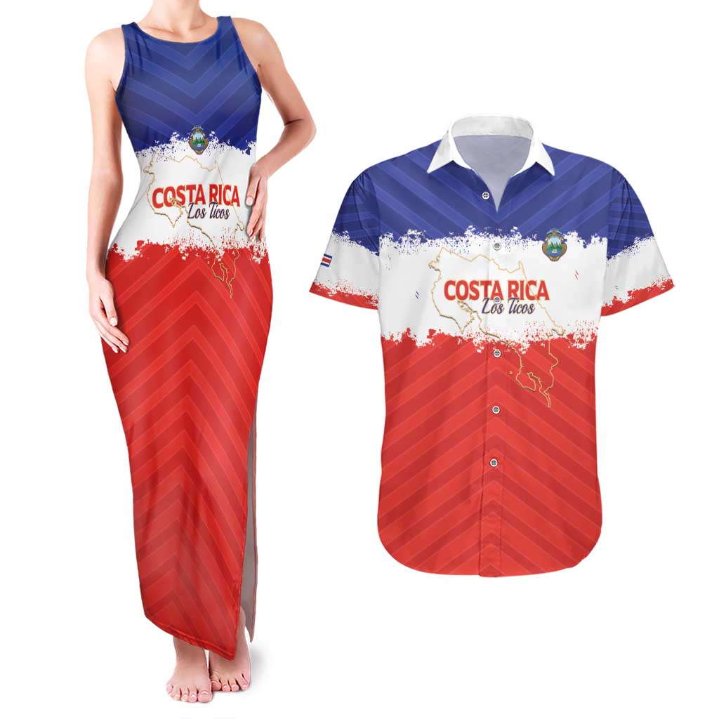 Custom Costa Rica Football Couples Matching Tank Maxi Dress and Hawaiian Shirt Map With Los Ticos Sporty Style - Wonder Print Shop