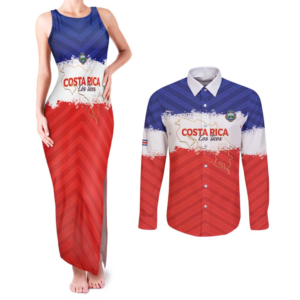 Custom Costa Rica Football Couples Matching Tank Maxi Dress and Long Sleeve Button Shirt Map With Los Ticos Sporty Style - Wonder Print Shop