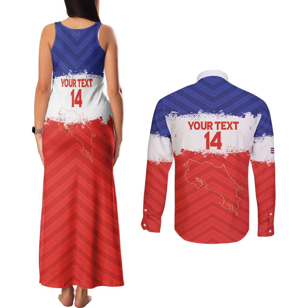 Custom Costa Rica Football Couples Matching Tank Maxi Dress and Long Sleeve Button Shirt Map With Los Ticos Sporty Style - Wonder Print Shop