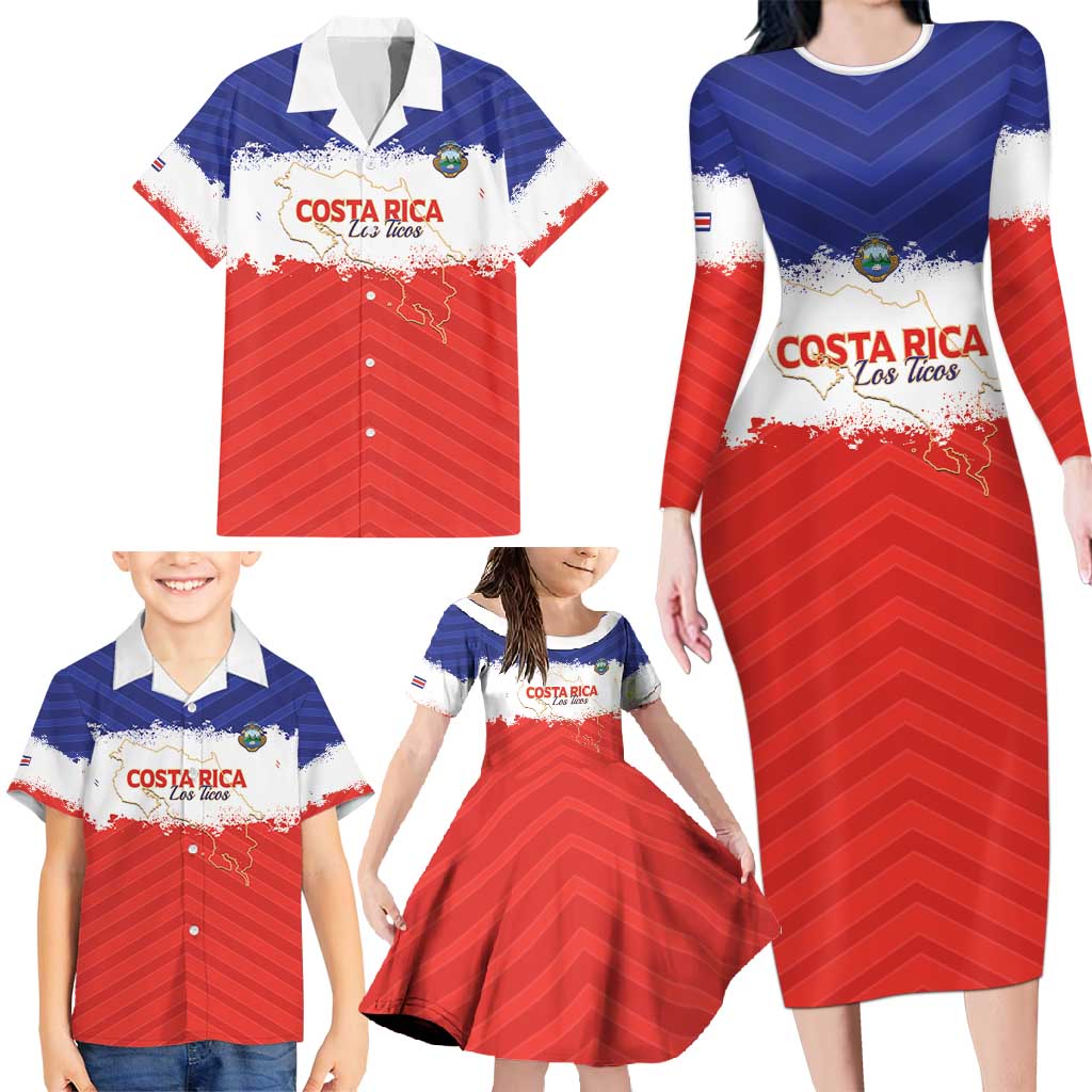 Custom Costa Rica Football Family Matching Long Sleeve Bodycon Dress and Hawaiian Shirt Map With Los Ticos Sporty Style - Wonder Print Shop