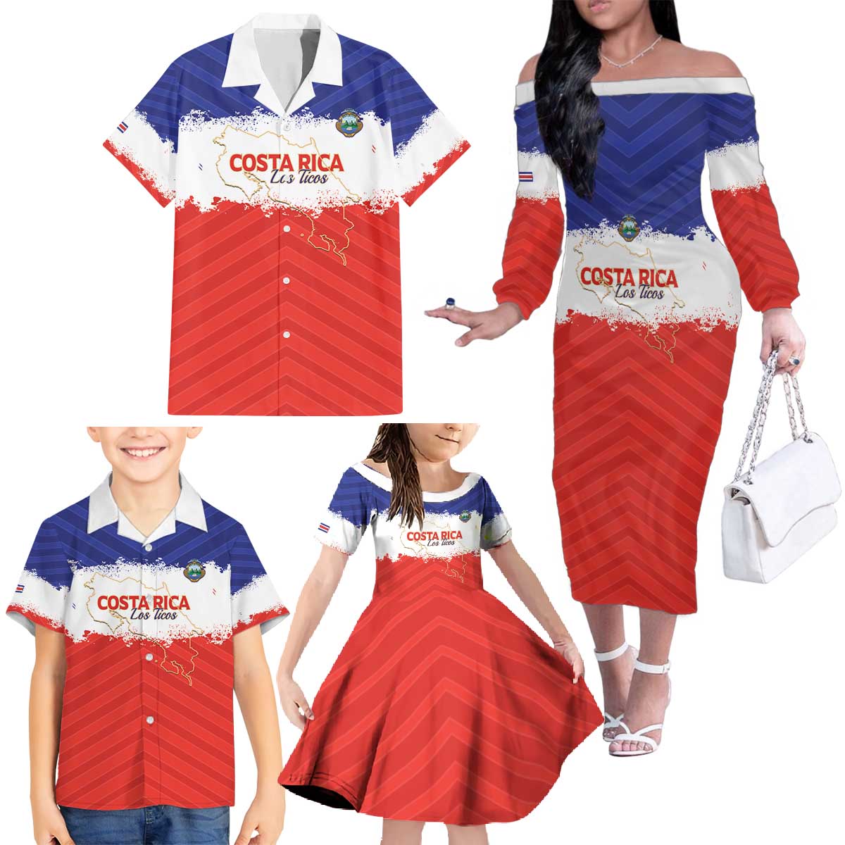 Custom Costa Rica Football Family Matching Off The Shoulder Long Sleeve Dress and Hawaiian Shirt Map With Los Ticos Sporty Style - Wonder Print Shop