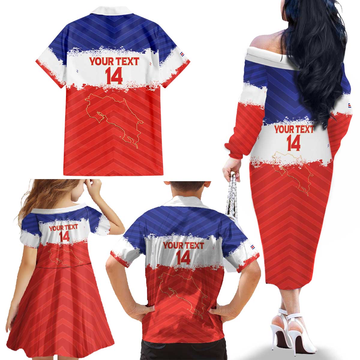 Custom Costa Rica Football Family Matching Off The Shoulder Long Sleeve Dress and Hawaiian Shirt Map With Los Ticos Sporty Style - Wonder Print Shop