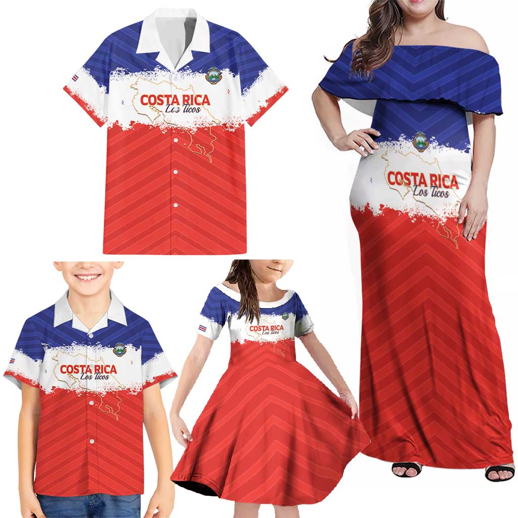 Custom Costa Rica Football Family Matching Off Shoulder Maxi Dress and Hawaiian Shirt Map With Los Ticos Sporty Style - Wonder Print Shop