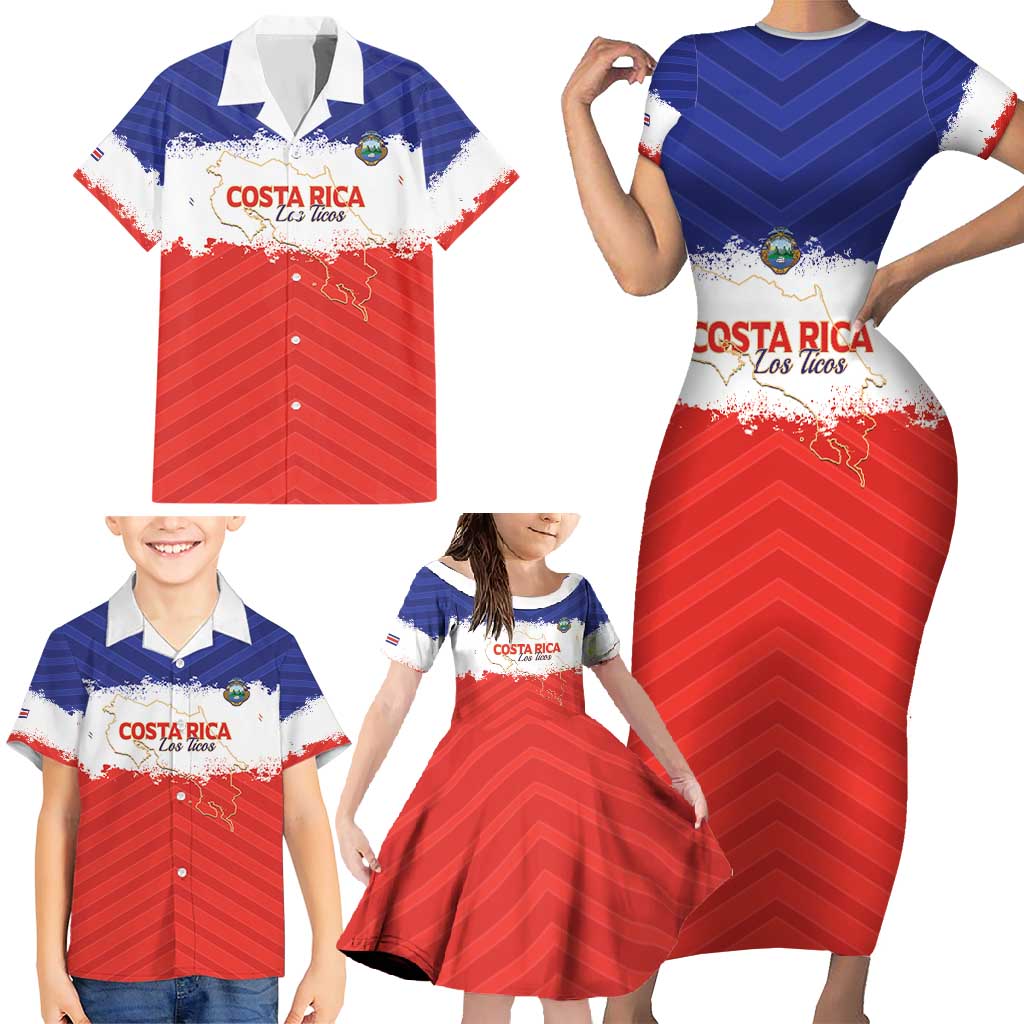 Custom Costa Rica Football Family Matching Short Sleeve Bodycon Dress and Hawaiian Shirt Map With Los Ticos Sporty Style - Wonder Print Shop