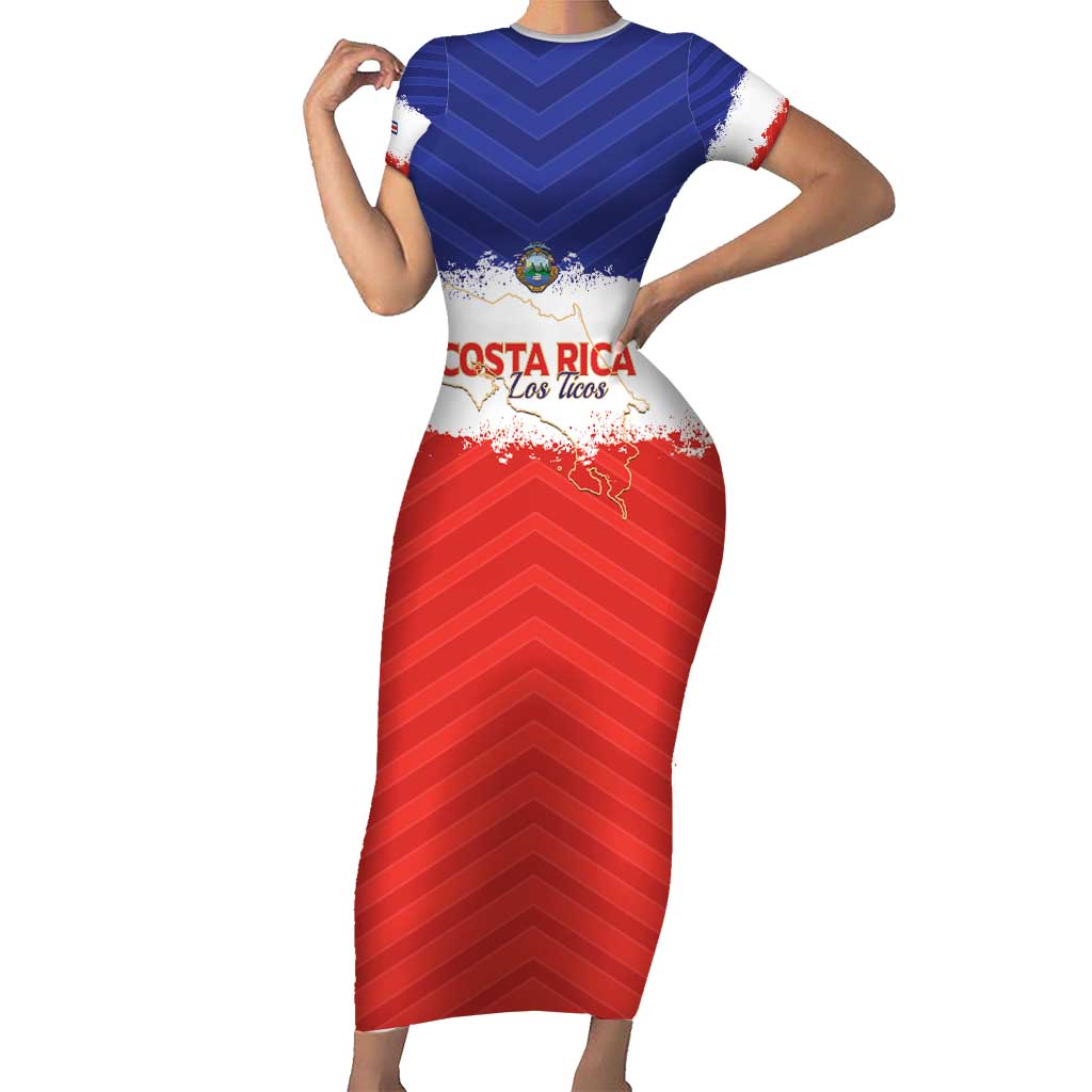 Custom Costa Rica Football Family Matching Short Sleeve Bodycon Dress and Hawaiian Shirt Map With Los Ticos Sporty Style - Wonder Print Shop