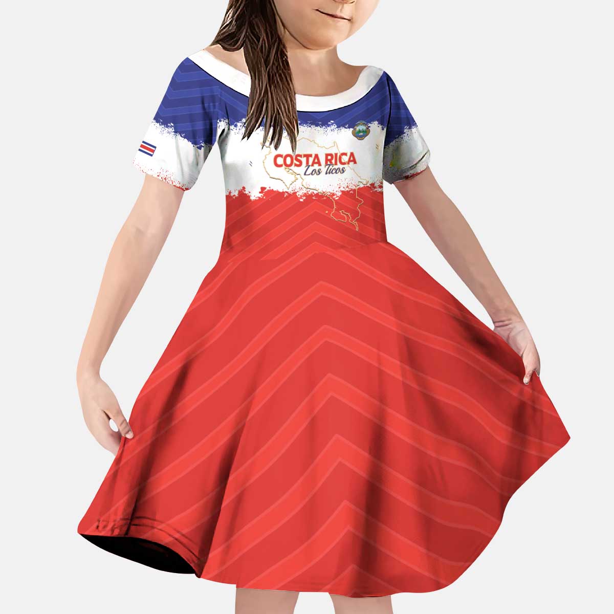 Custom Costa Rica Football Kid Short Sleeve Dress Map With Los Ticos Sporty Style - Wonder Print Shop