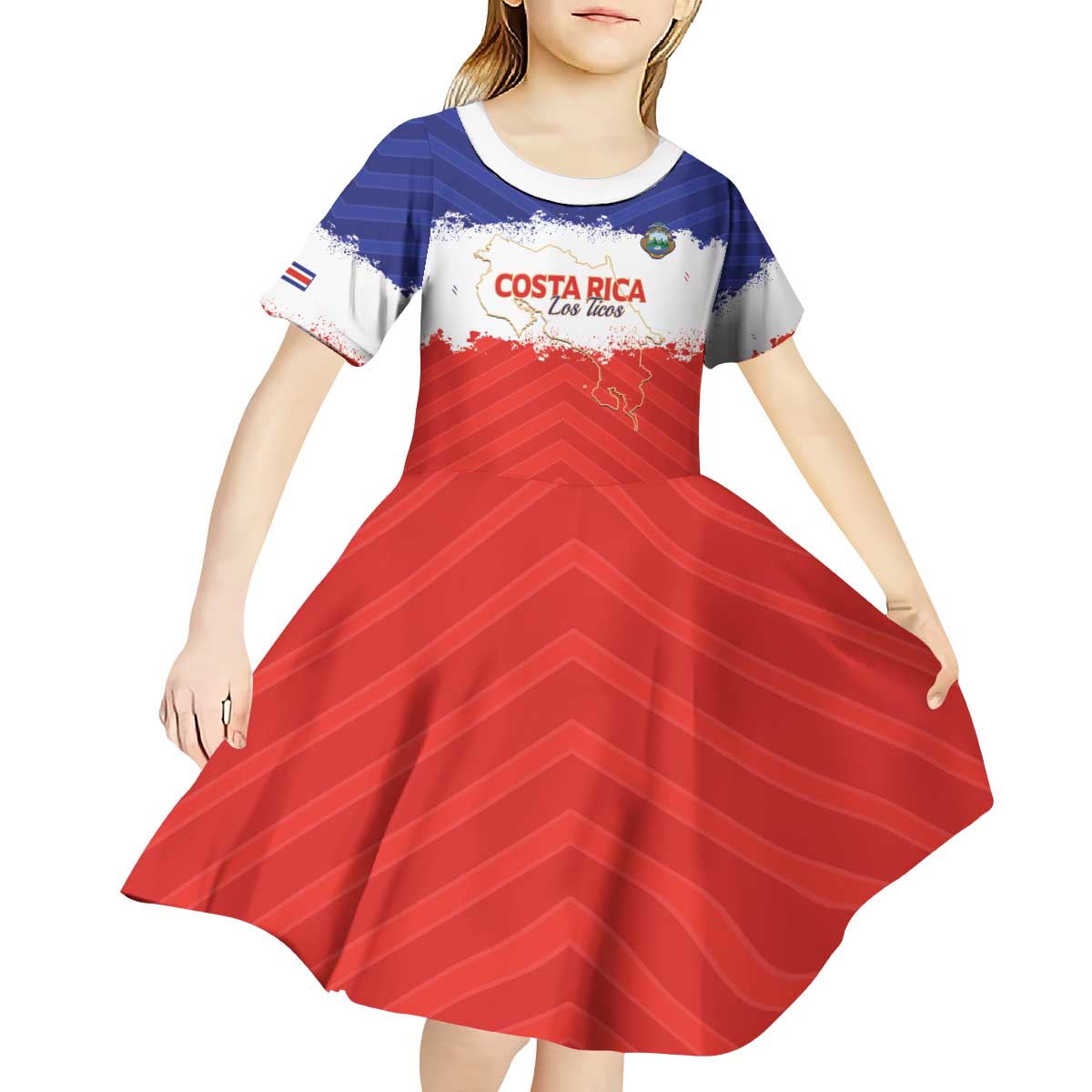 Custom Costa Rica Football Kid Short Sleeve Dress Map With Los Ticos Sporty Style - Wonder Print Shop