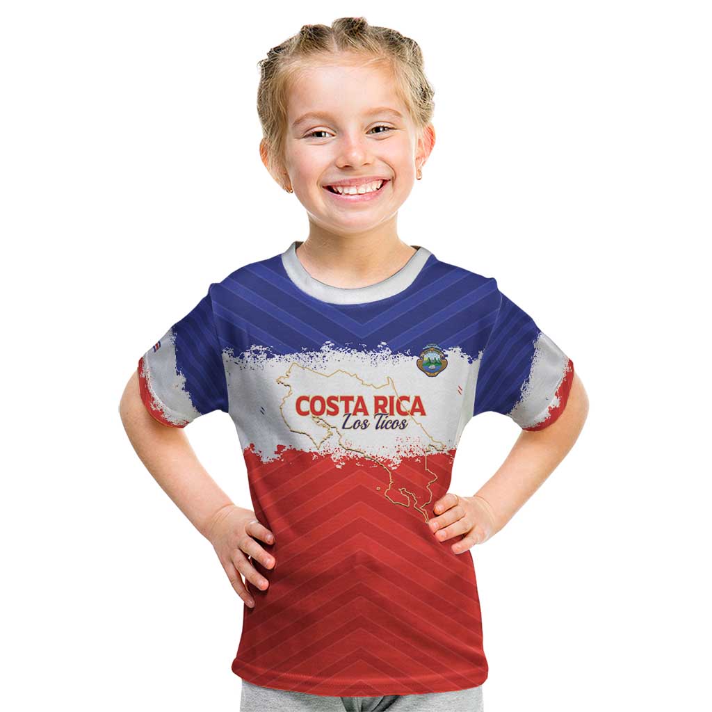 Custom Costa Rica Football Kid T Shirt Map With Los Ticos Sporty Style - Wonder Print Shop