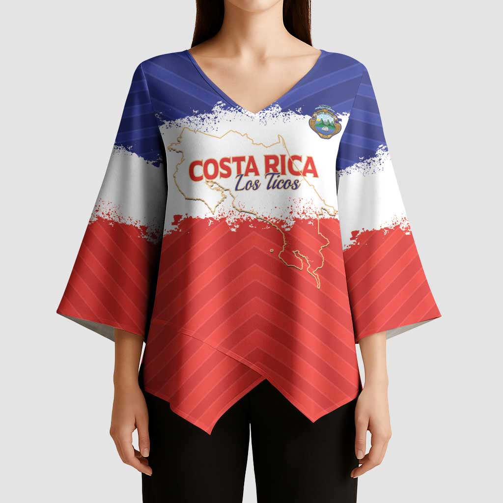 Custom Costa Rica Football Kimono Sleeve Blouse Map With Los Ticos Sporty Style - Wonder Print Shop