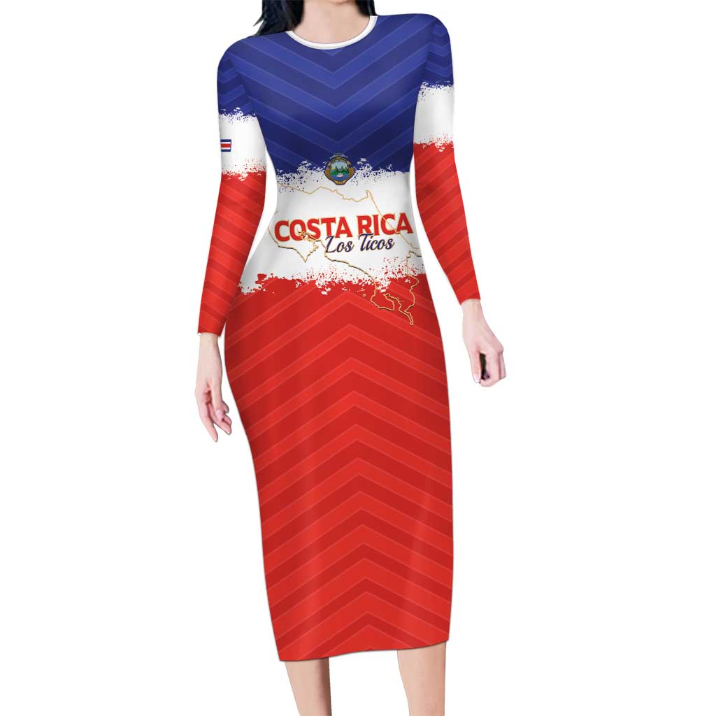Custom Costa Rica Football Long Sleeve Bodycon Dress Map With Los Ticos Sporty Style - Wonder Print Shop
