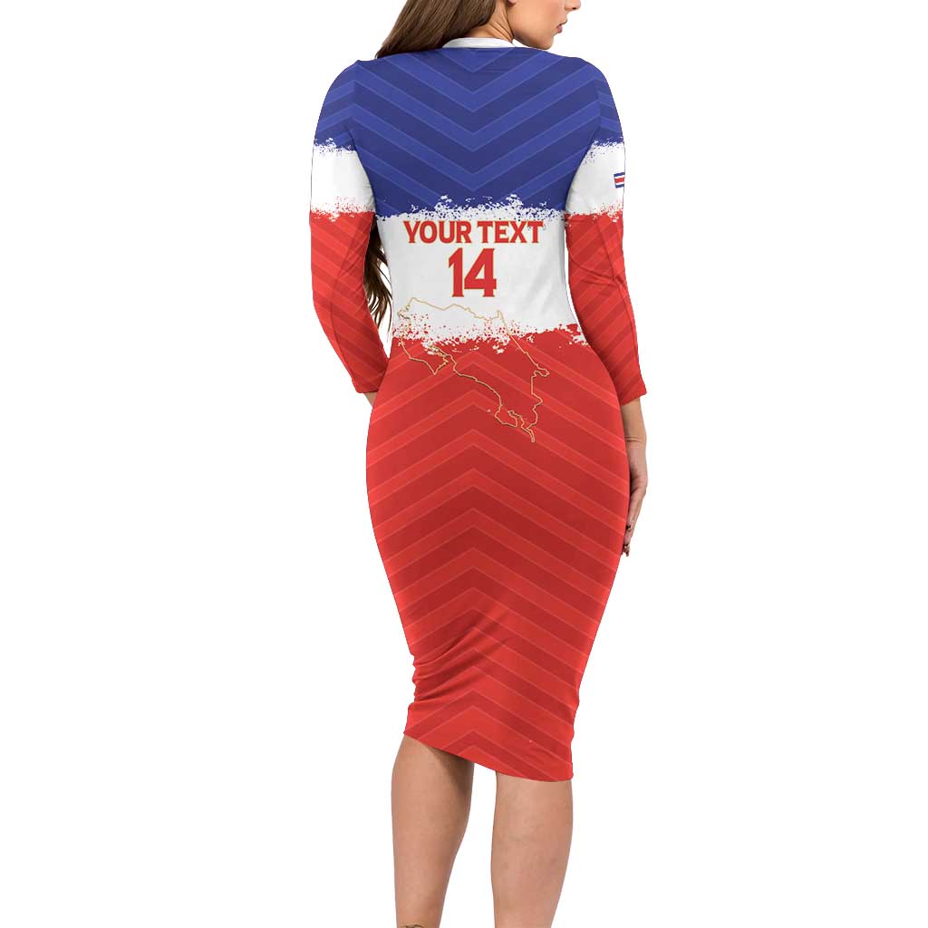 Custom Costa Rica Football Long Sleeve Bodycon Dress Map With Los Ticos Sporty Style - Wonder Print Shop