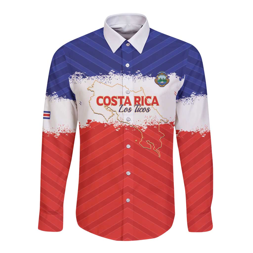 Custom Costa Rica Football Long Sleeve Button Shirt Map With Los Ticos Sporty Style - Wonder Print Shop