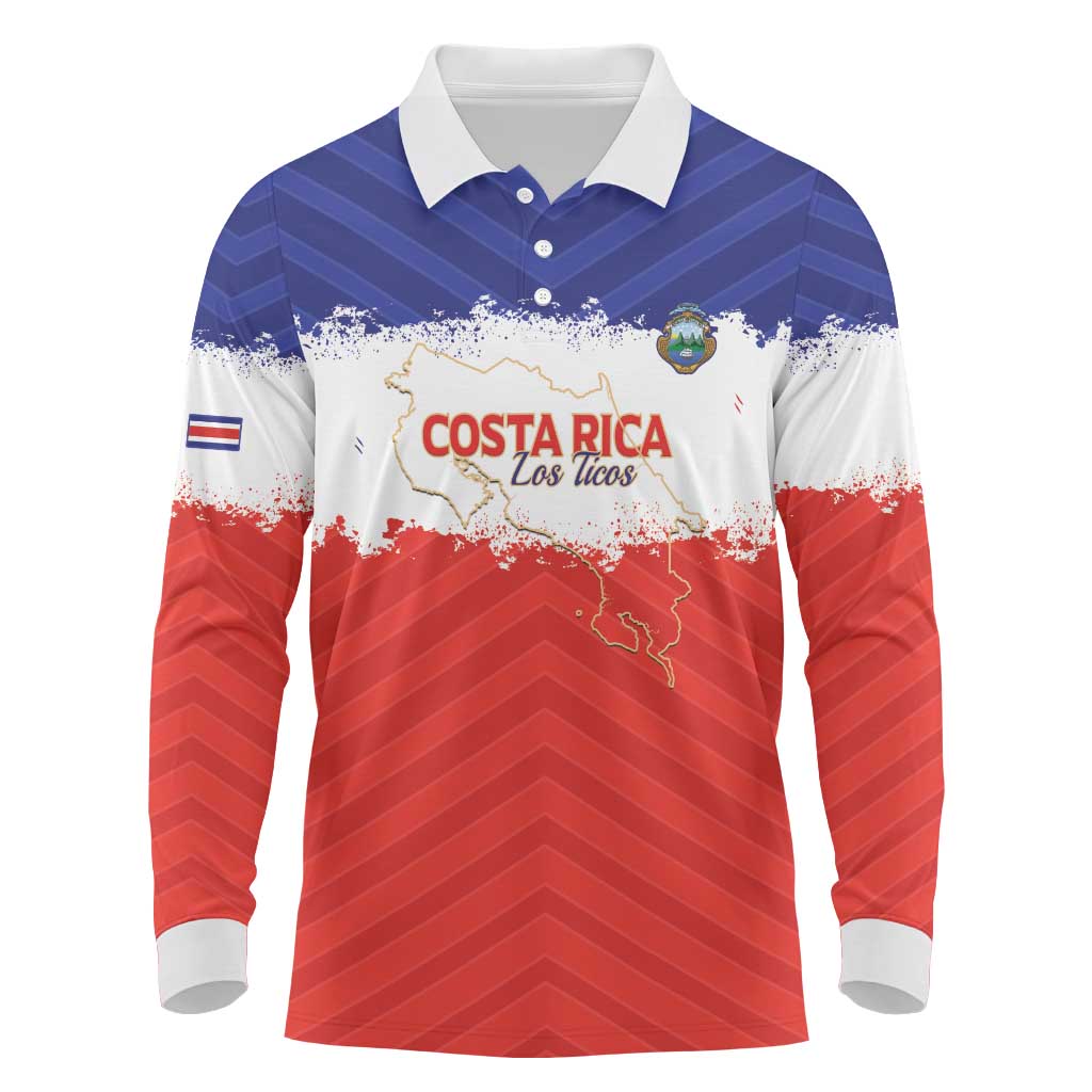 Custom Costa Rica Football Long Sleeve Polo Shirt Map With Los Ticos Sporty Style - Wonder Print Shop