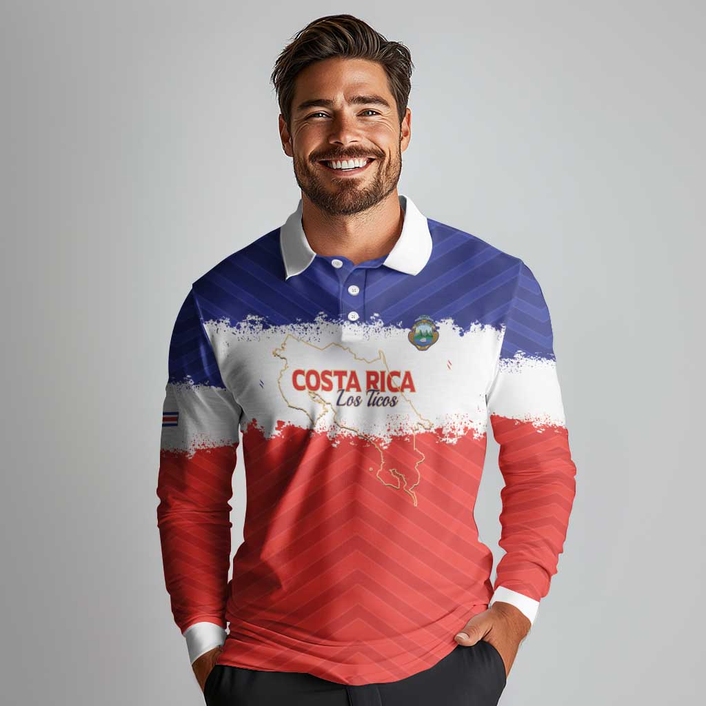 Custom Costa Rica Football Long Sleeve Polo Shirt Map With Los Ticos Sporty Style - Wonder Print Shop