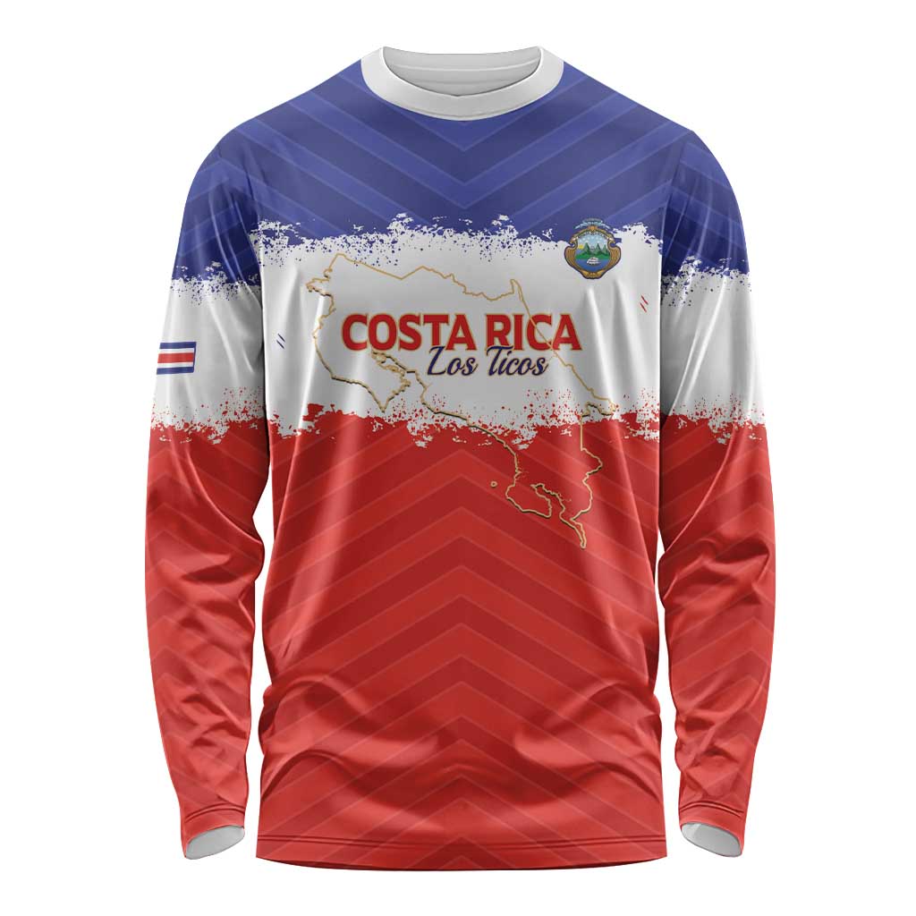 Custom Costa Rica Football Long Sleeve Shirt Map With Los Ticos Sporty Style - Wonder Print Shop