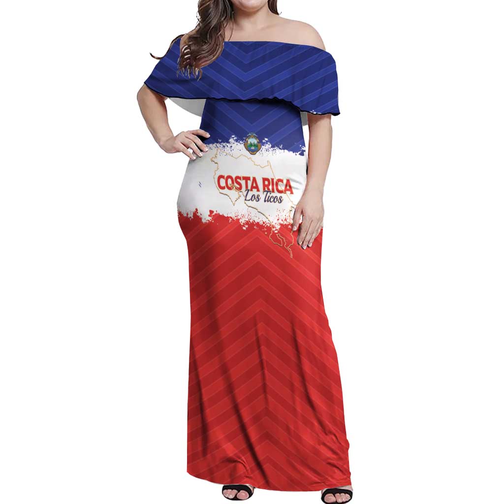 Custom Costa Rica Football Off Shoulder Maxi Dress Map With Los Ticos Sporty Style - Wonder Print Shop