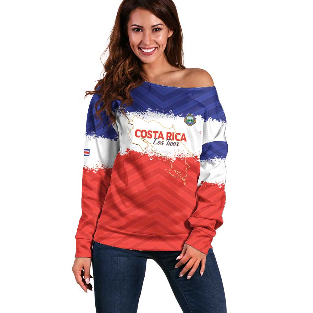 Custom Costa Rica Football Off Shoulder Sweater Map With Los Ticos Sporty Style - Wonder Print Shop
