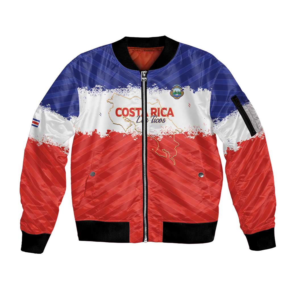 Custom Costa Rica Football Sleeve Zip Bomber Jacket Map With Los Ticos Sporty Style - Wonder Print Shop